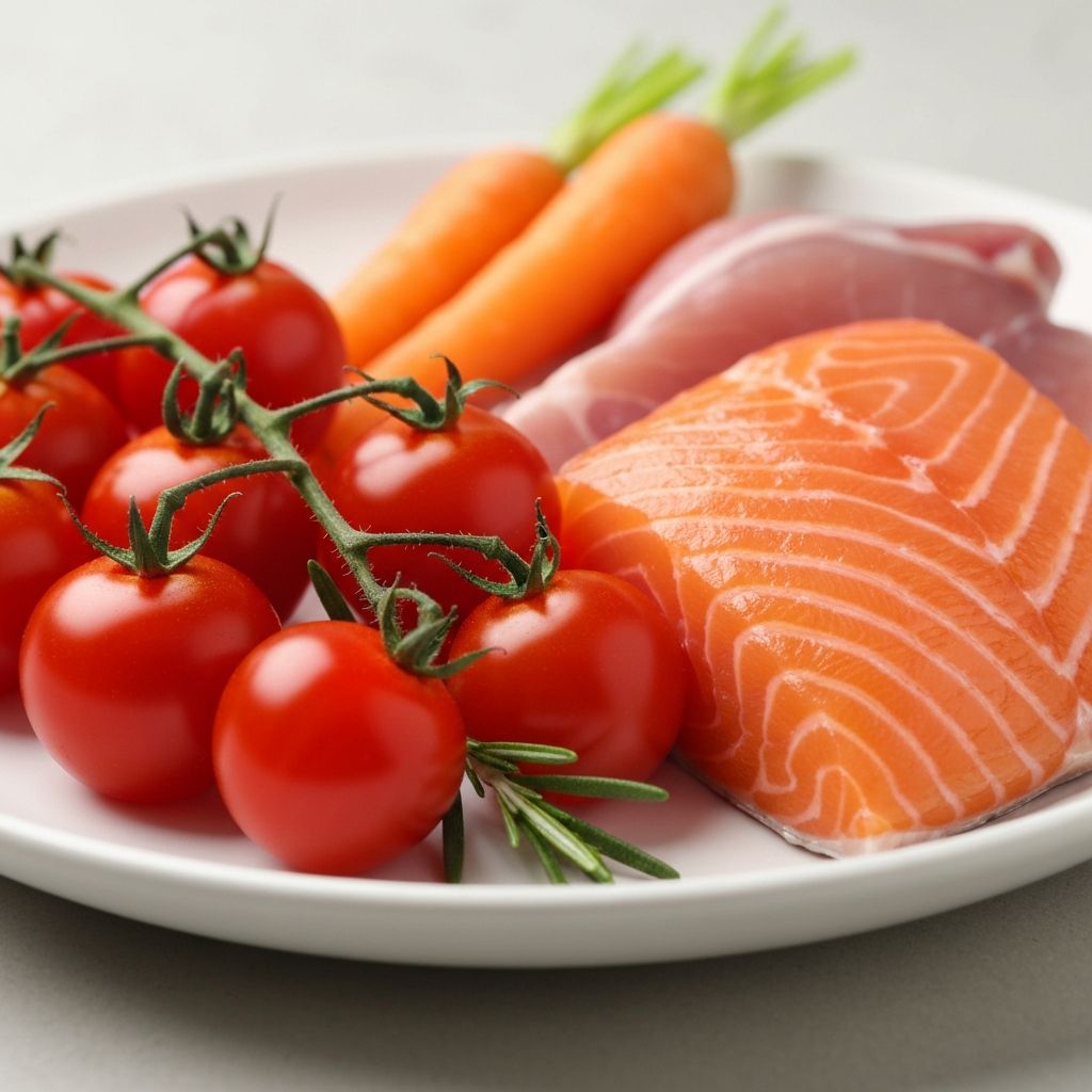 Diverse fresh vegetables and proteins on plate
